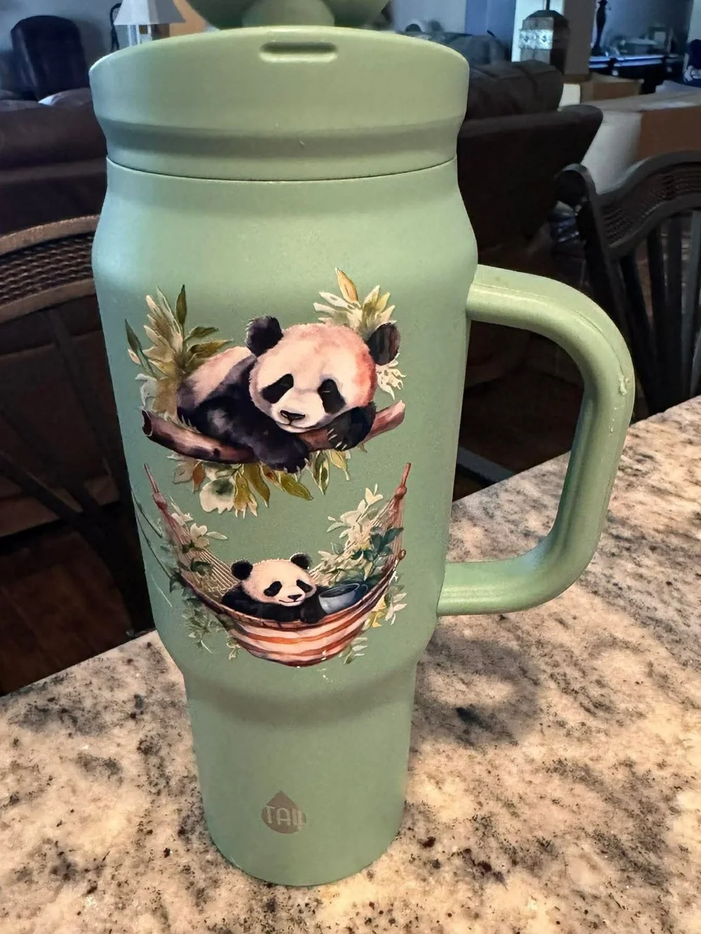 Hand Crafted Mint Green Panda Travel Tumbler scratch on handle